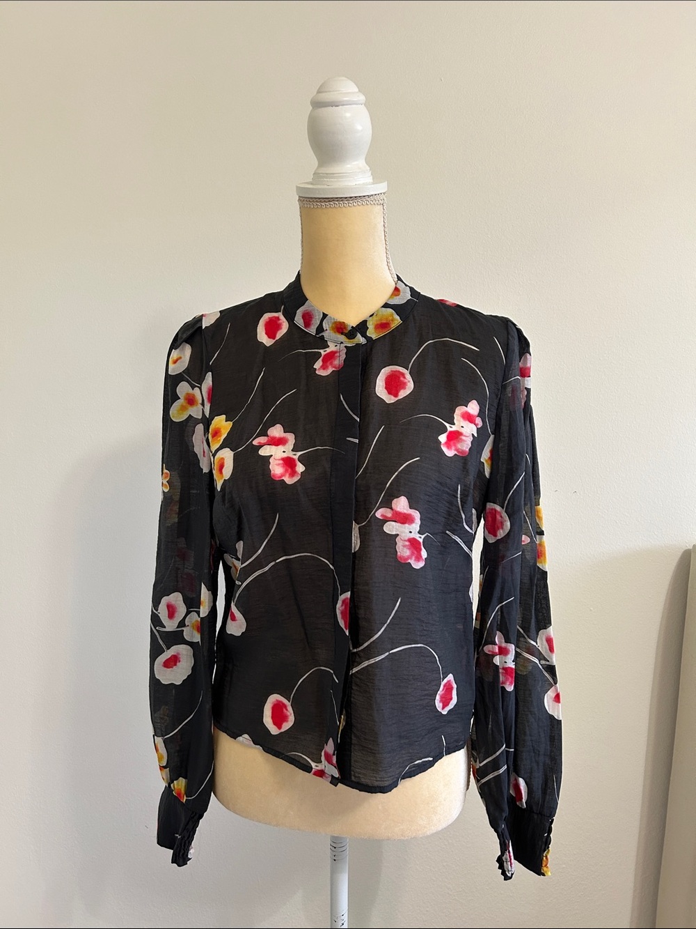 CAbi Black Floral Mandarin-Collar Blouse